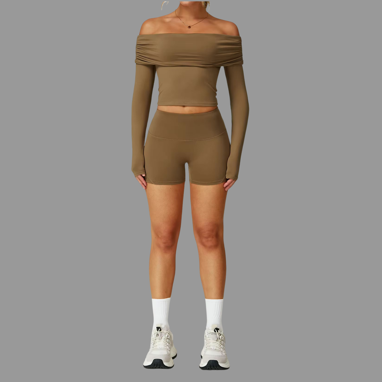 Crop top décontracté Marron à manches longues PILATIV