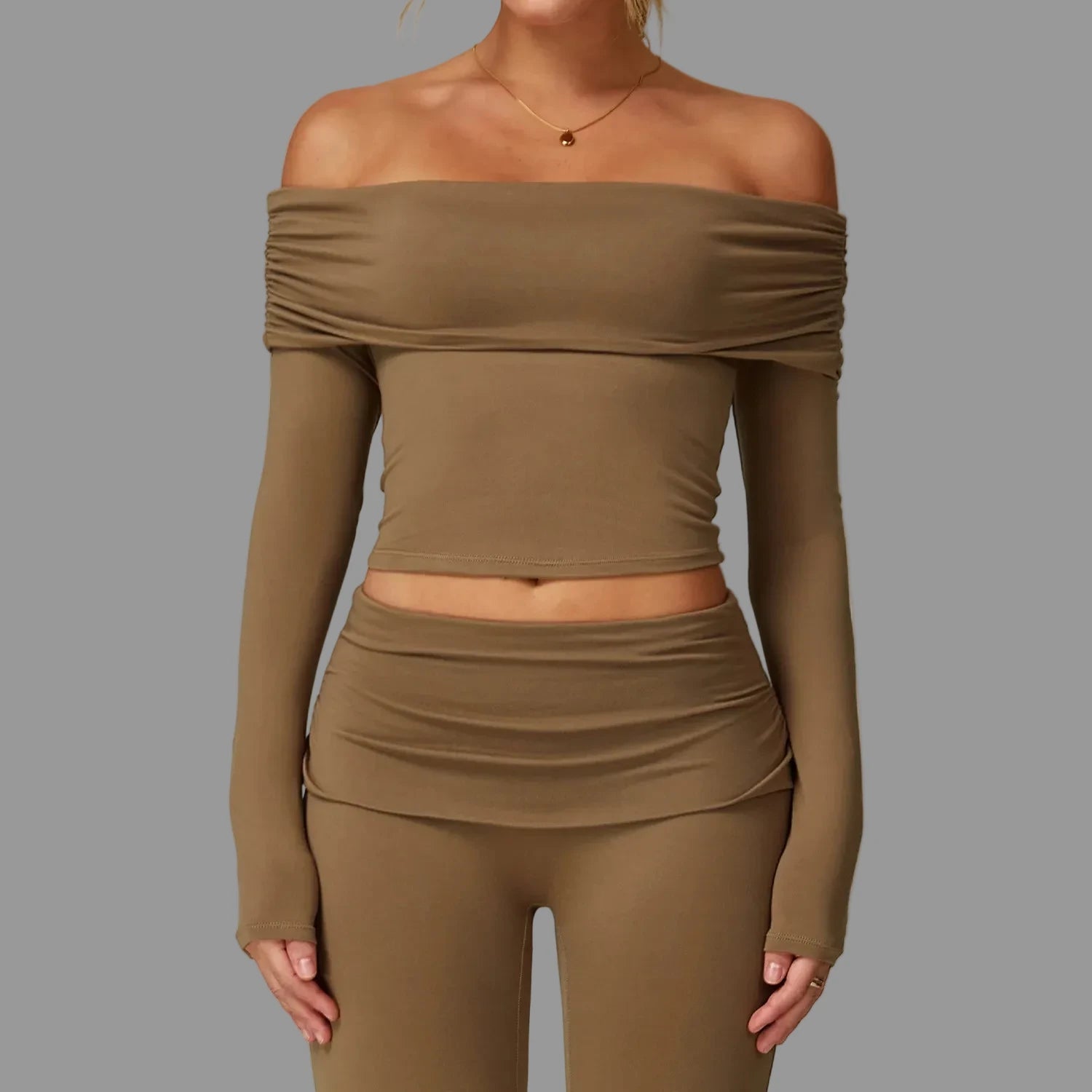 Crop top décontracté Marron à manches longues PILATIV